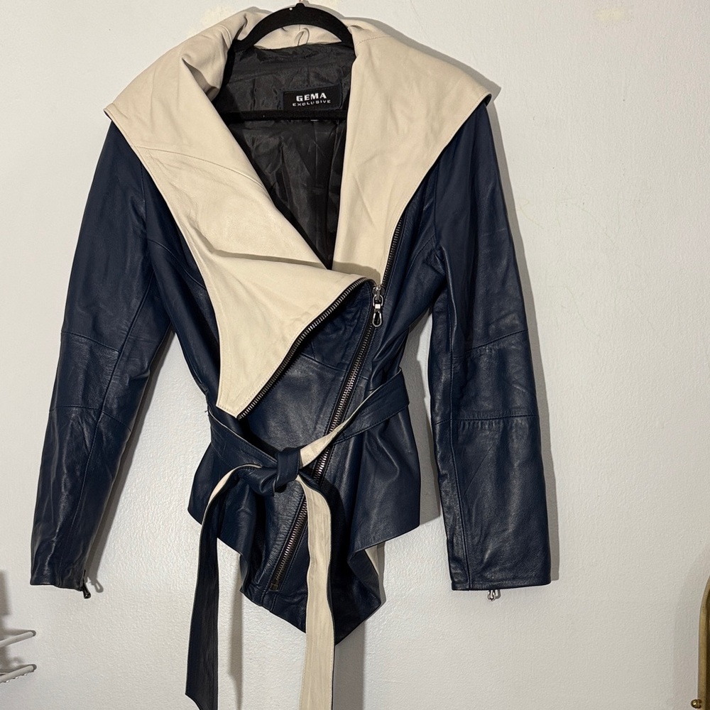 Gema Exclusive Navy and Cream Leather Jacket large - Picture 1 of 6